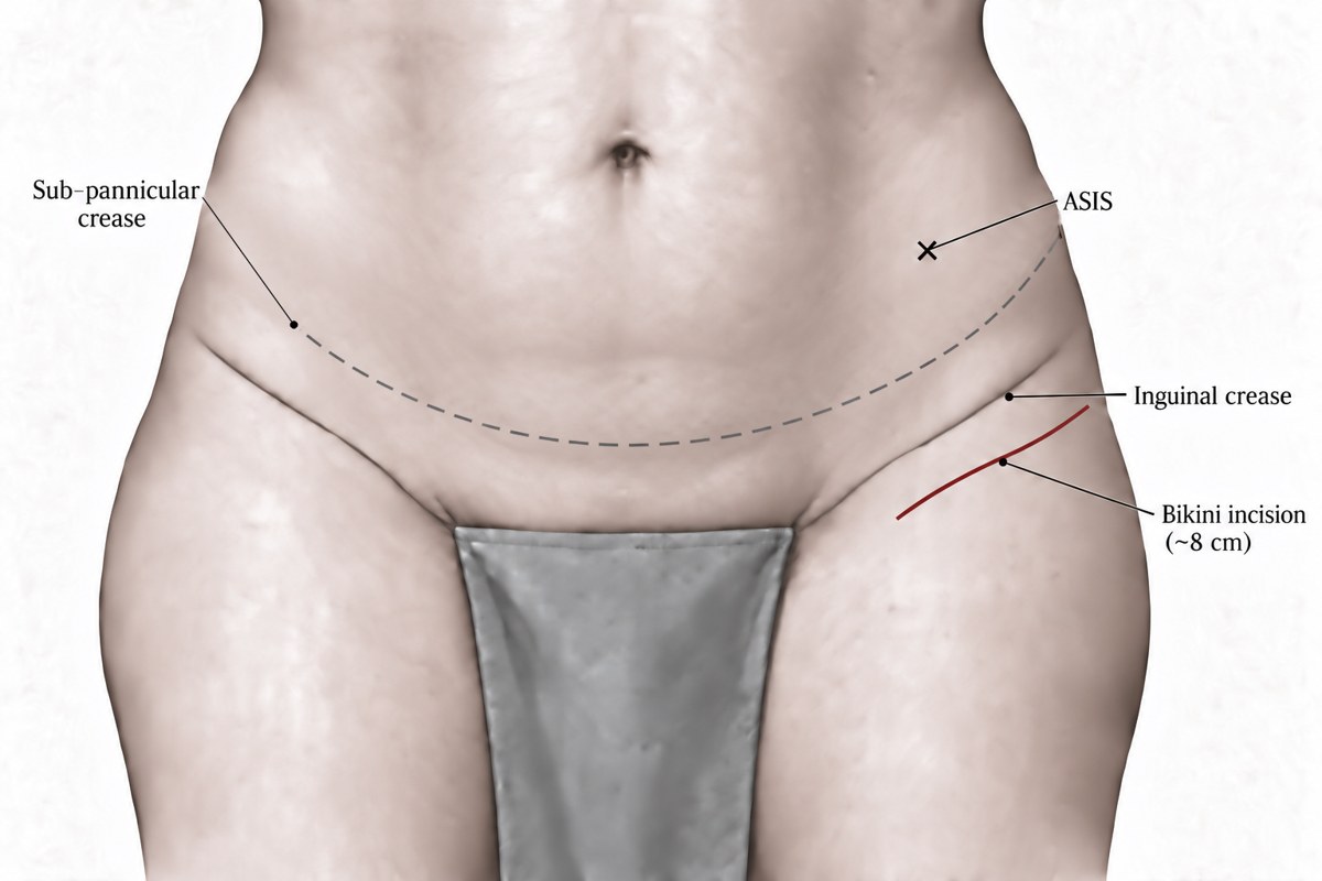 Illustration of the front of the hips showing the bony landmark at the front of the pelvis (ASIS), the inguinal crease, the crease under the abdominal fold, and a short bikini-line incision of about 8 centimeters
